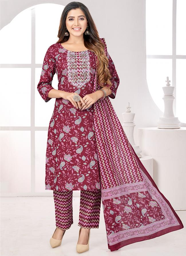 Maroon Cotton Casual Wear Printed Readymade Salwar Suit